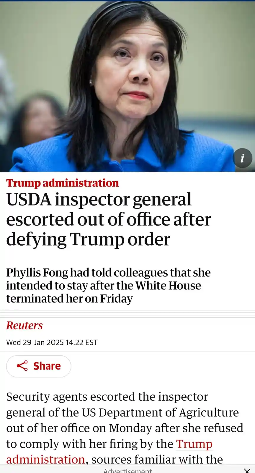A screenshot of a Reuters news article from January 29, 2025, featuring a photo of Phyllis Fong, the USDA inspector general…