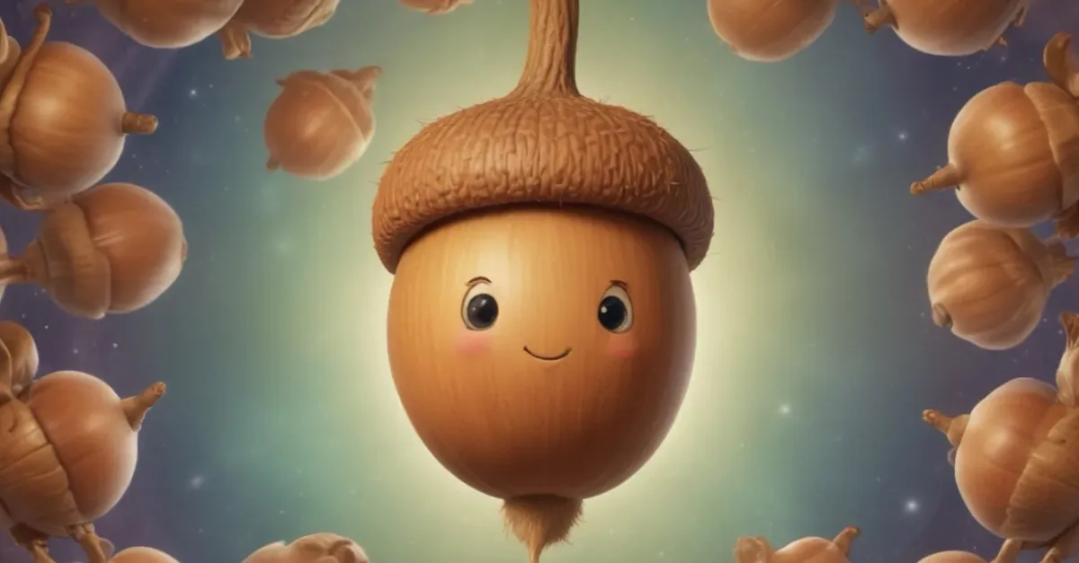 A cartoon acorn with a smiling face and rosy cheeks is centered against a starry, cosmic background, surrounded by floating…