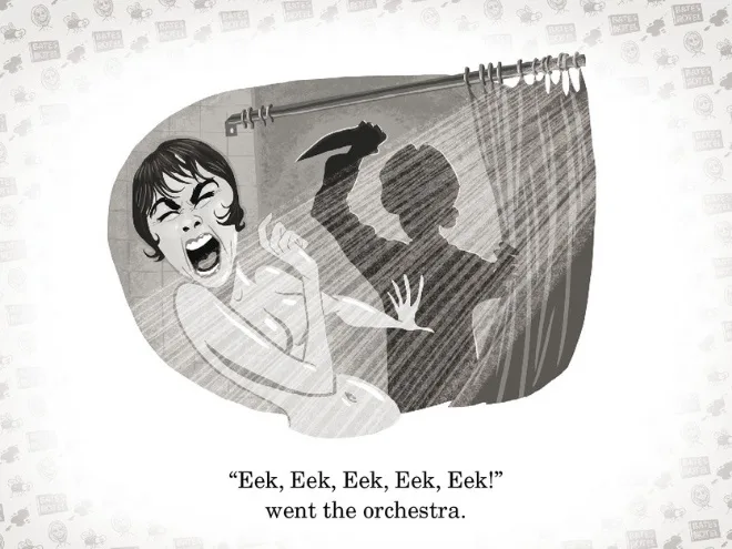 A black-and-white cartoon depicts a person in a shower screaming in terror as a shadowy figure with a knife looms behind…