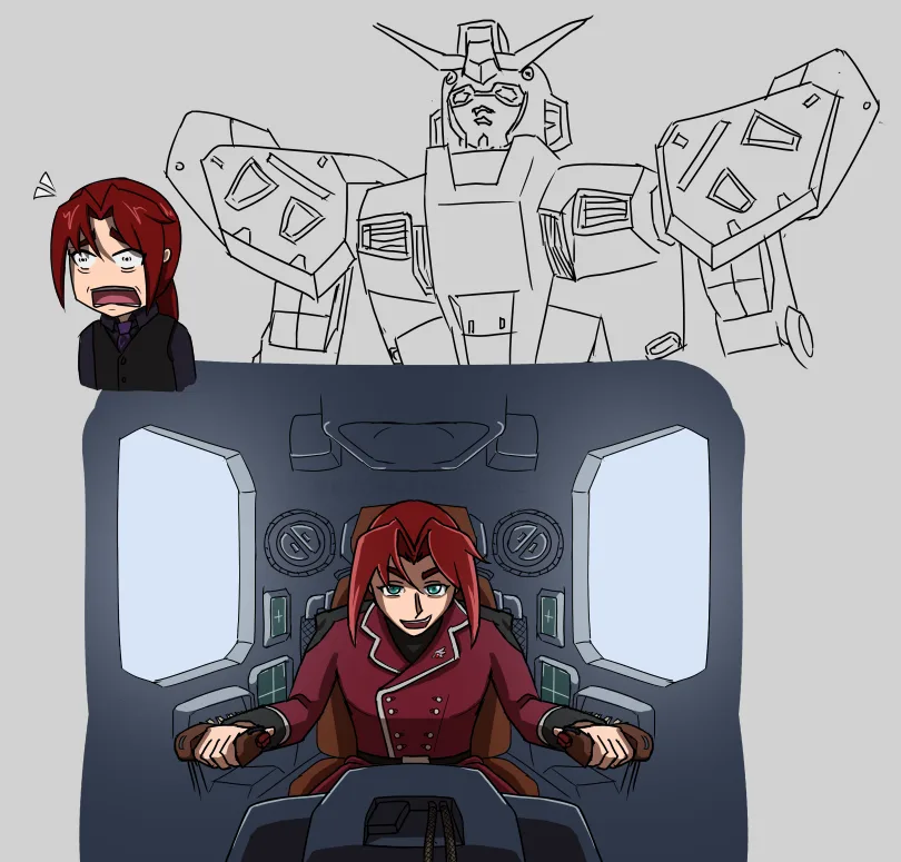 A red-haired anime character sits calmly in a mech cockpit, smiling confidently, while a sketch of the same mech looms…