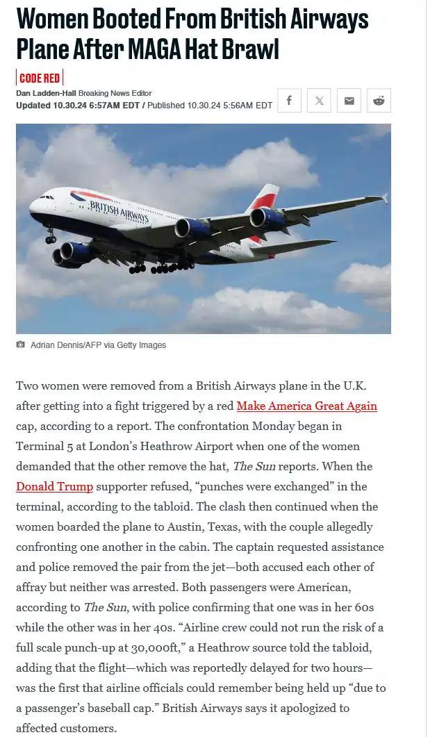 A British Airways airplane is shown in flight against a blue sky with clouds. The image is overlaid with a news article…