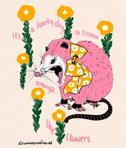 A stylized pink opossum with a yellow polka-dot bow around its neck is depicted screaming with its mouth wide open…
