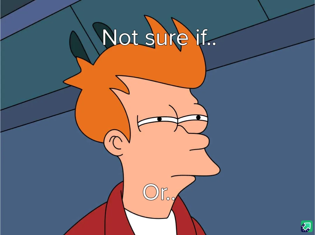 A close-up of the animated character Fry from Futurama, shown in profile with a confused, uncertain expression. White text…