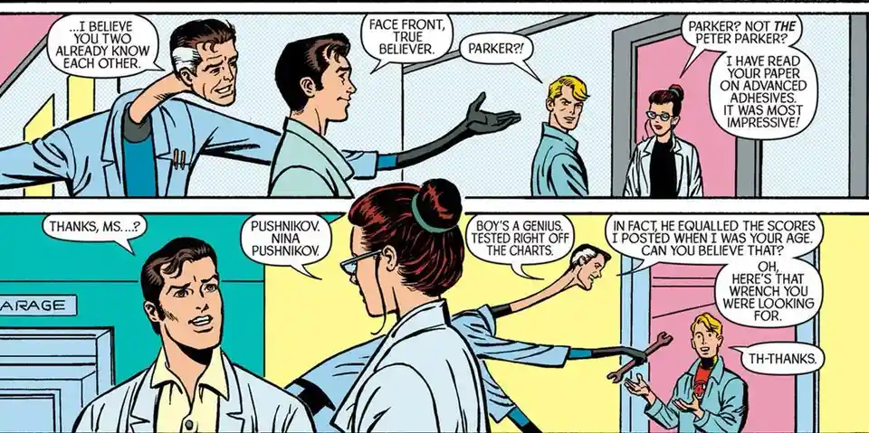 A comic panel shows a man introducing two people, one of whom is surprised to learn the other is Peter Parker. A woman, Nina…