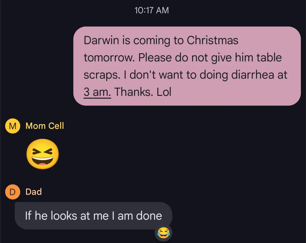 A screenshot of a text message conversation between 'Mom Cell' and 'Dad'. Mom sends a message asking not to give Darwin…
