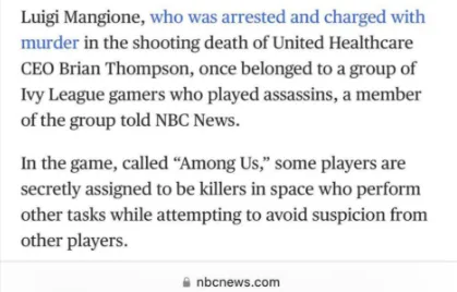 A screenshot of a news article from NBC News detailing how Luigi Mangione, arrested for murder, was once part of an Ivy…