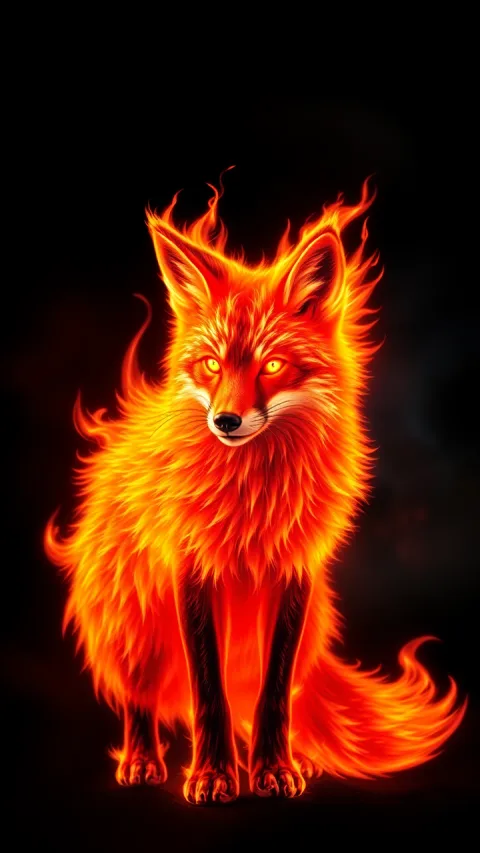A stylized, digitally rendered fox with its entire body glowing as if made of fire, standing against a black background. Its…