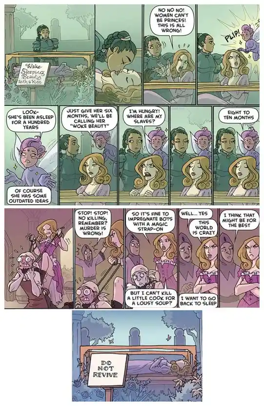 A comic strip depicts a princess waking up after a hundred years, causing chaos as her courtiers debate her outdated views…