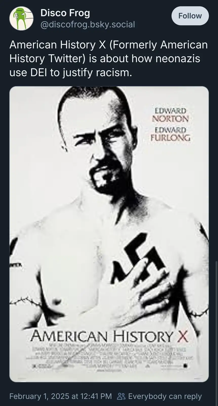 The image displays a black-and-white movie poster for 'American History X,' featuring a shirtless man with a swastika tattoo…