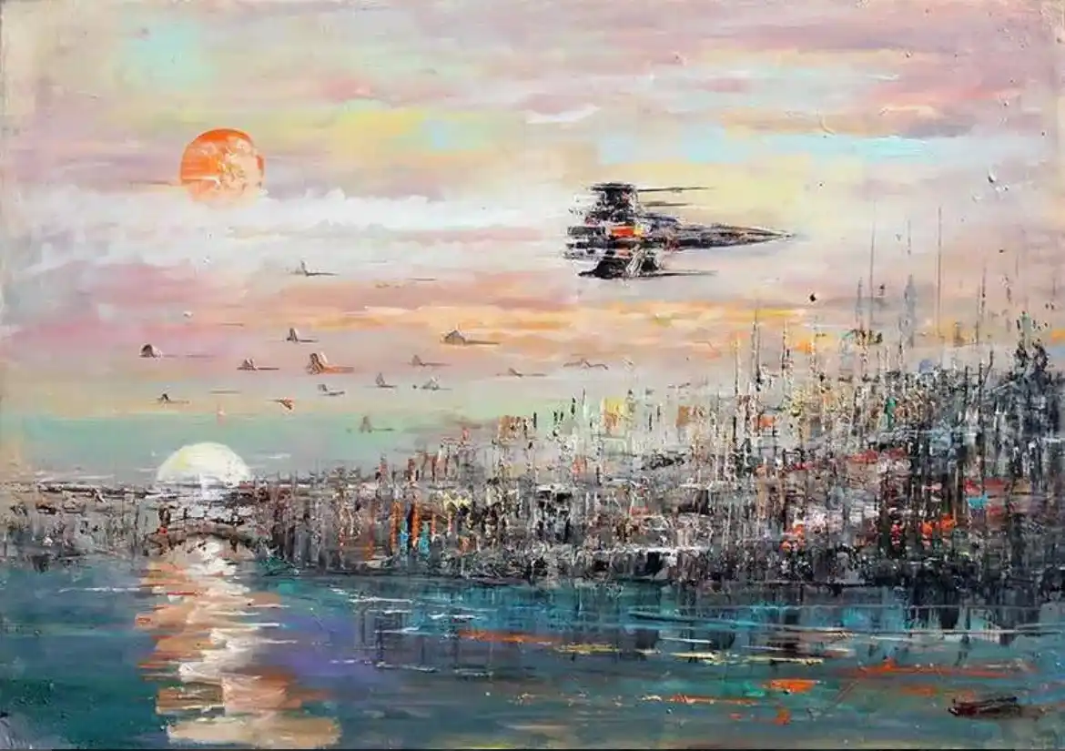 An abstract painting depicts a cityscape at sunset with a large orange sun and a smaller white moon, featuring a prominent…