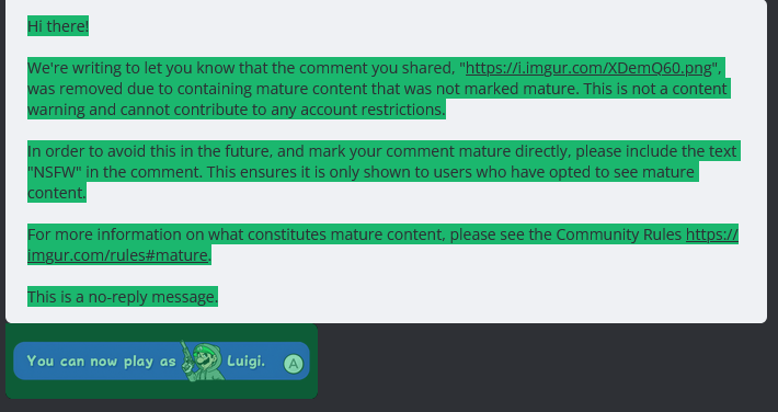 An Imgur email notification about a comment being removed for not being marked mature, followed by a game notification…