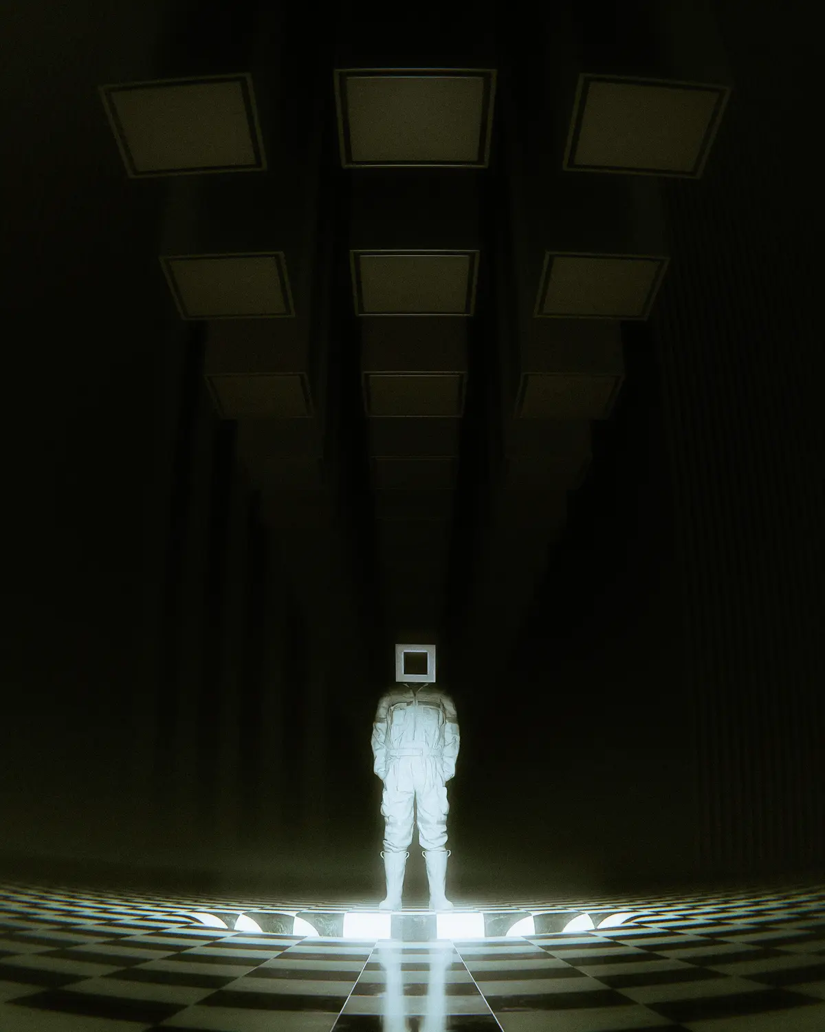 A person in a white jumpsuit stands alone in a dark, surreal hallway with a checkered floor, their head replaced by a…