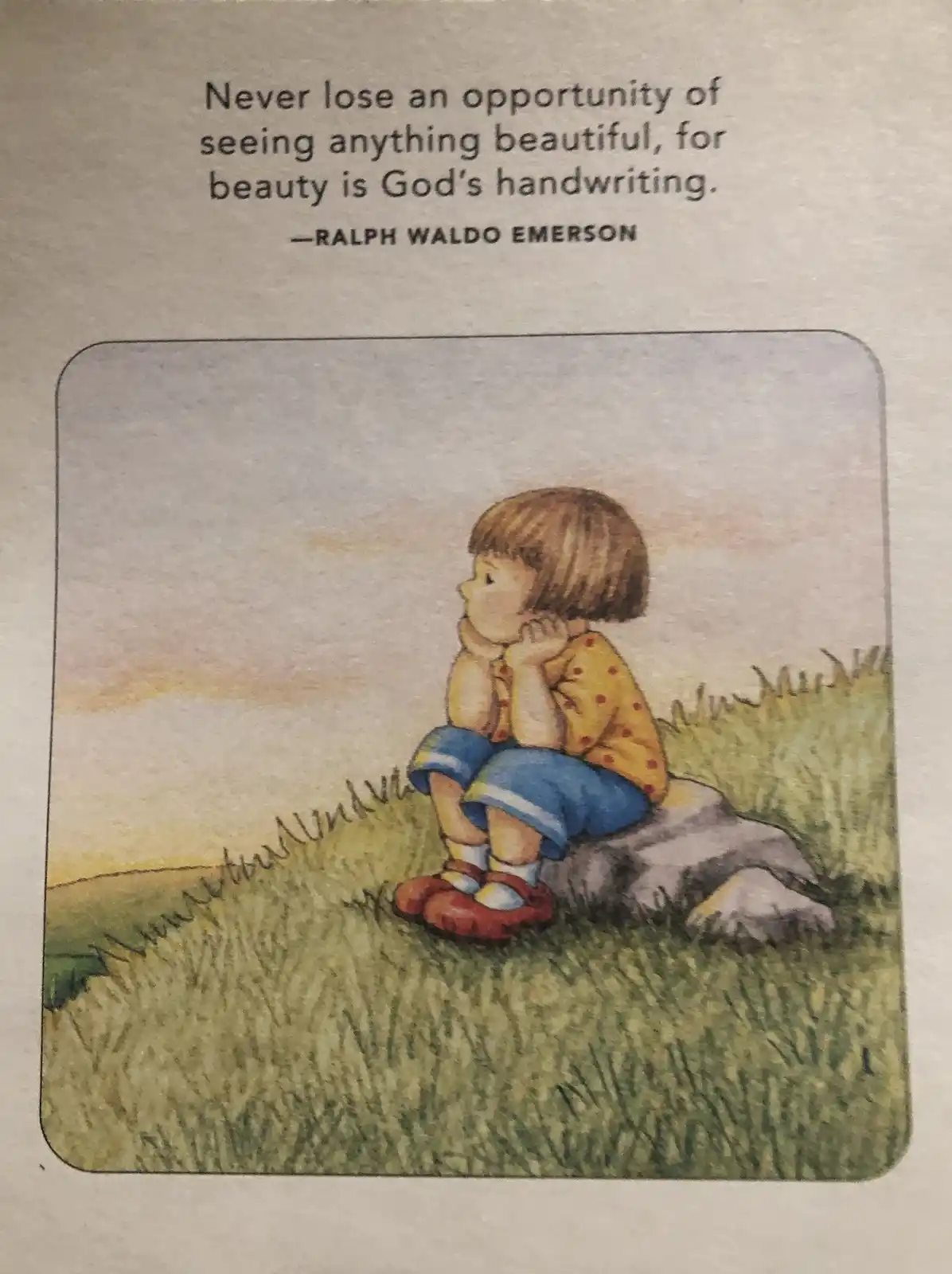 A watercolor illustration shows a young child with short brown hair, wearing a yellow polka-dot shirt and blue shorts…