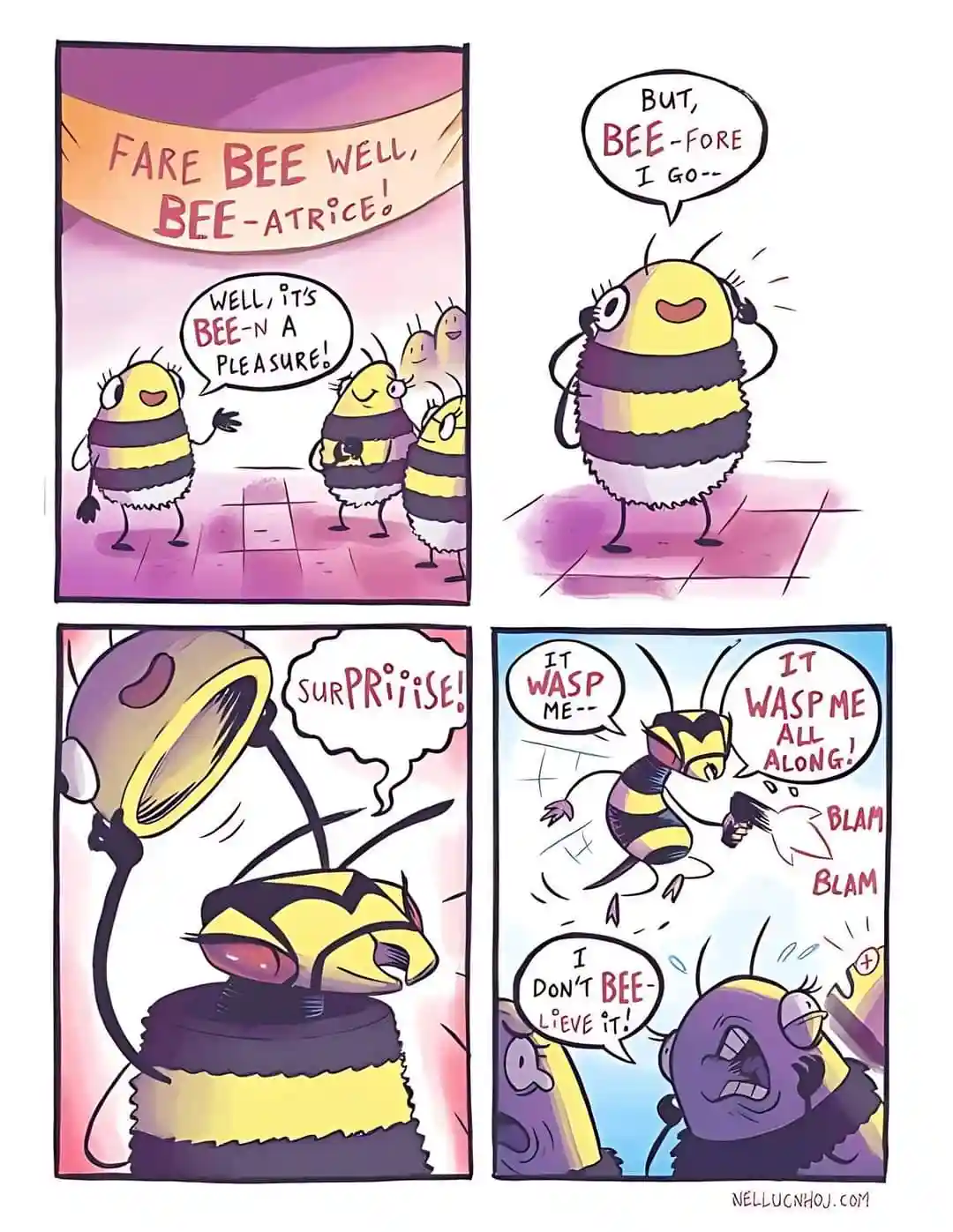 A four-panel comic strip featuring cartoon bees with punny dialogue. In the first panel, bees bid farewell under a banner…