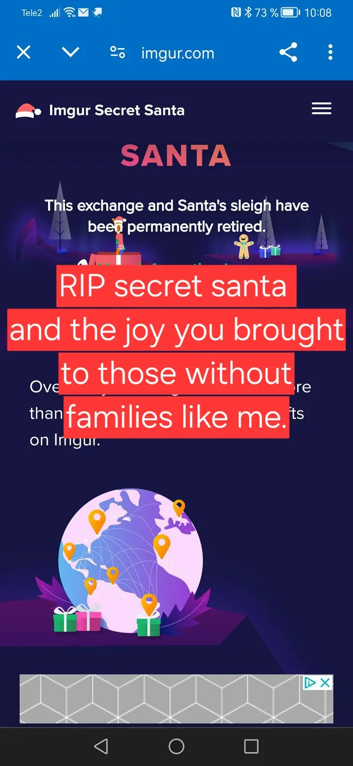 A screenshot of an Imgur Secret Santa announcement page stating that the service and Santa's sleigh have been permanently…