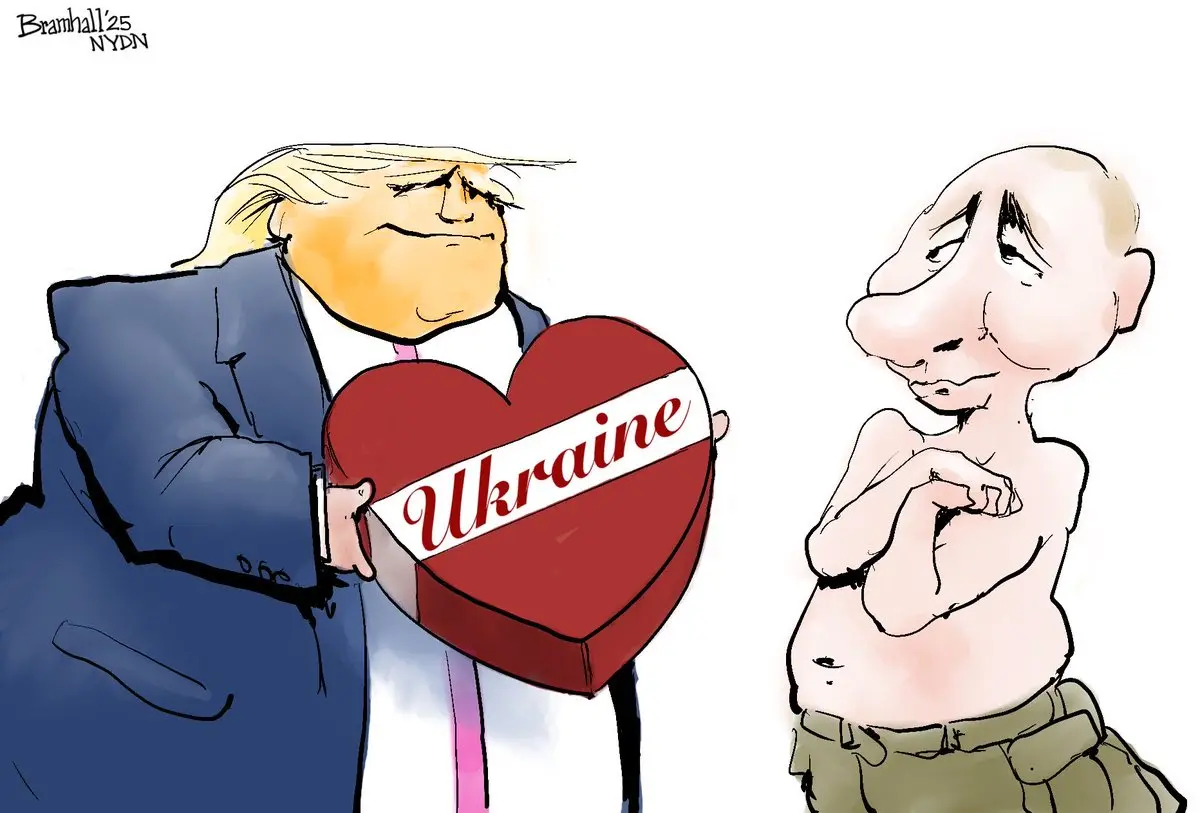 A cartoon depicts a caricature of Donald Trump in a suit holding a large red heart-shaped box labeled 'Ukraine' toward a…