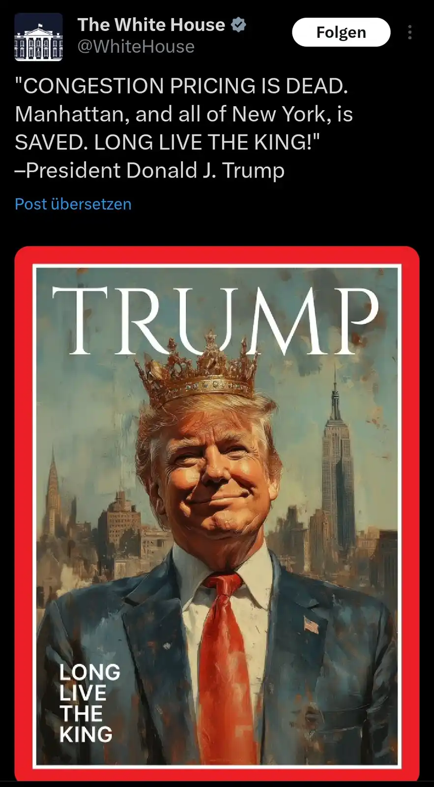 An image shows a stylized portrait of Donald Trump wearing a golden crown, set against a backdrop of the New York City…