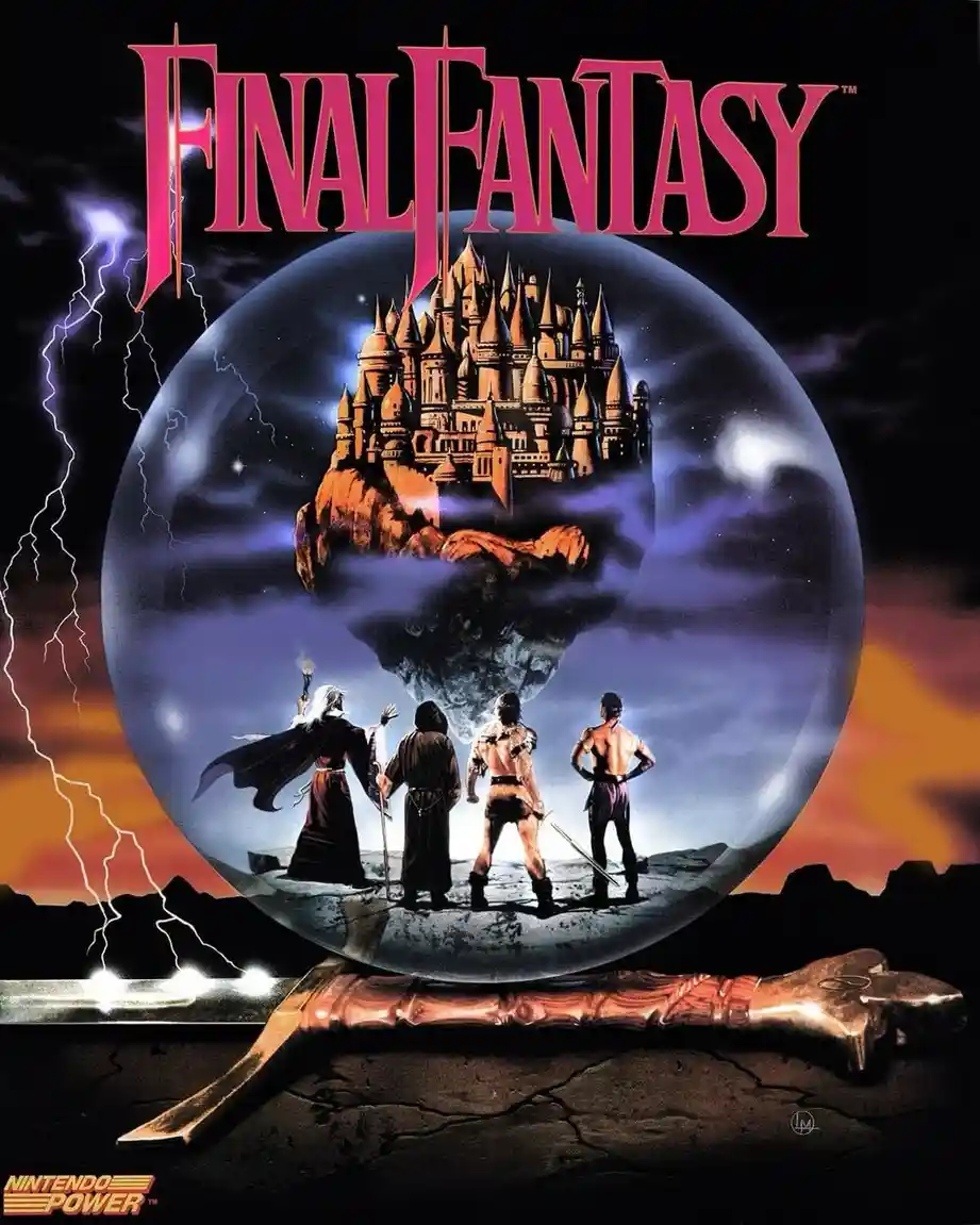 The image is the iconic cover art for the video game Final Fantasy, featuring four characters standing before a large…