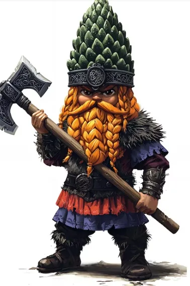 A cartoon dwarf with a long braided orange beard and a large green pinecone-shaped hat holds a battle axe. He wears layered…