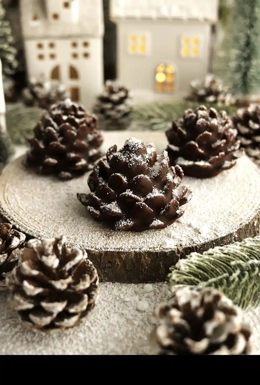 A festive winter scene features several pine cones dusted with powdered sugar, arranged on a wooden slice and surrounded by…