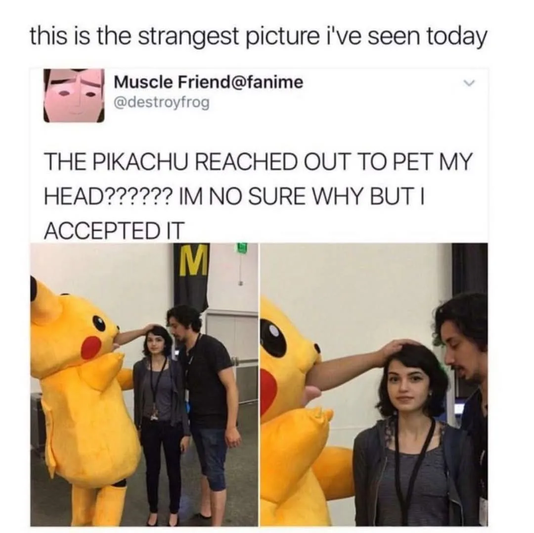 A two-panel image shows a person in a large yellow Pikachu costume reaching out to pet a woman's head while a man stands…