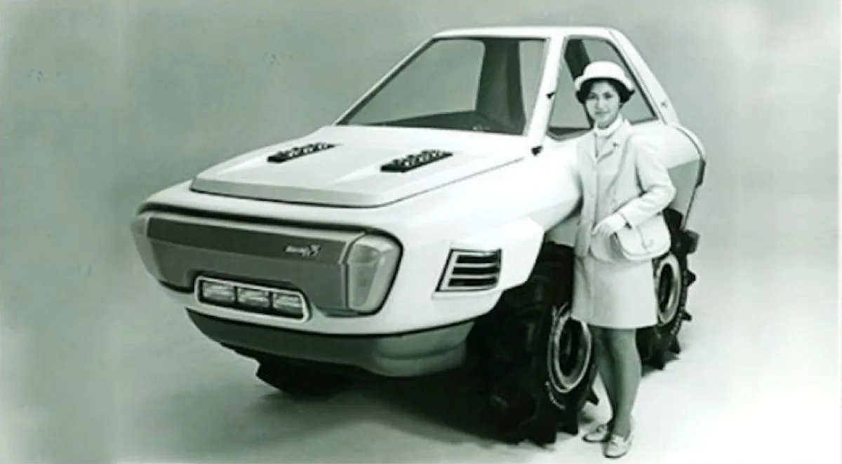 a black and white photo shows a woman in a 1960s-style outfit standing next to a futuristic-looking white car with…