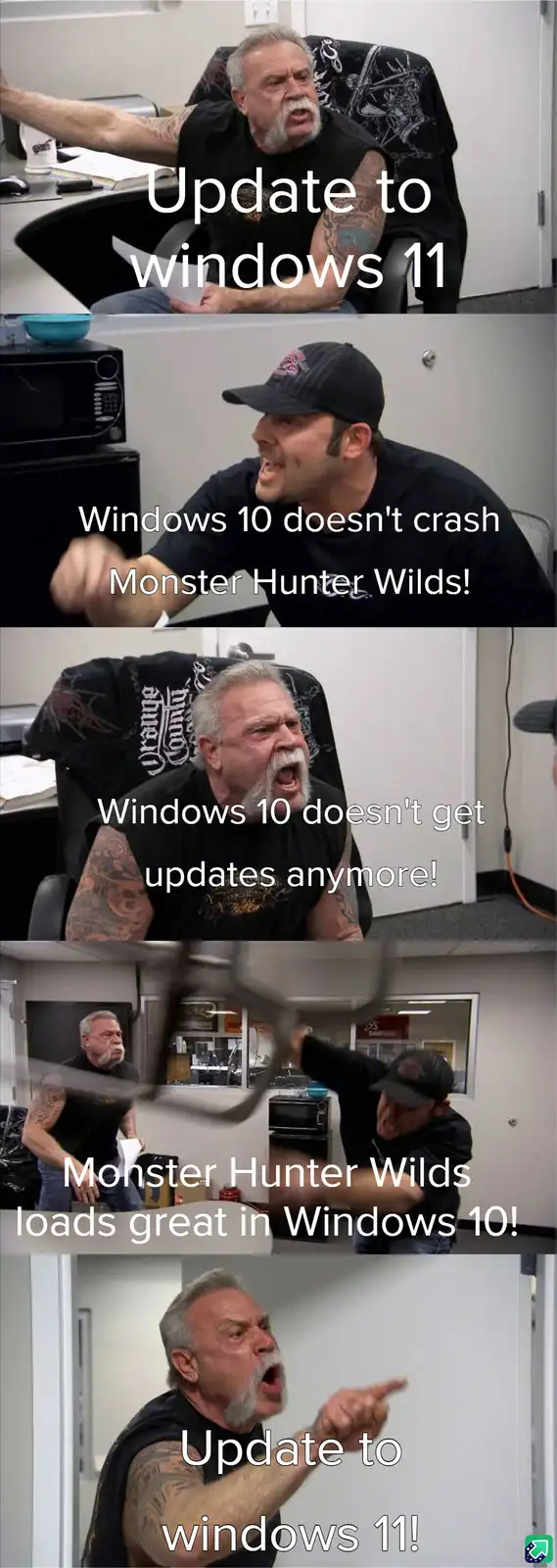 A five-panel meme featuring a man with a white beard and tattoos yelling at another man in an office setting. The text…