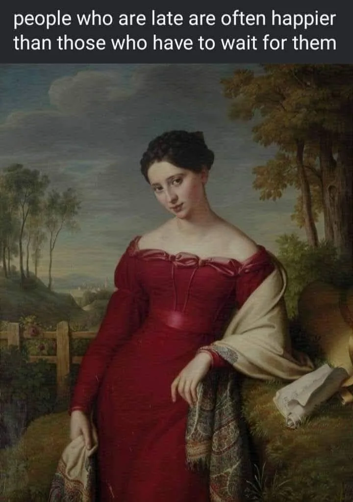 A classical painting of a woman in a red dress sitting outdoors with trees and a fence in the background. The image has…