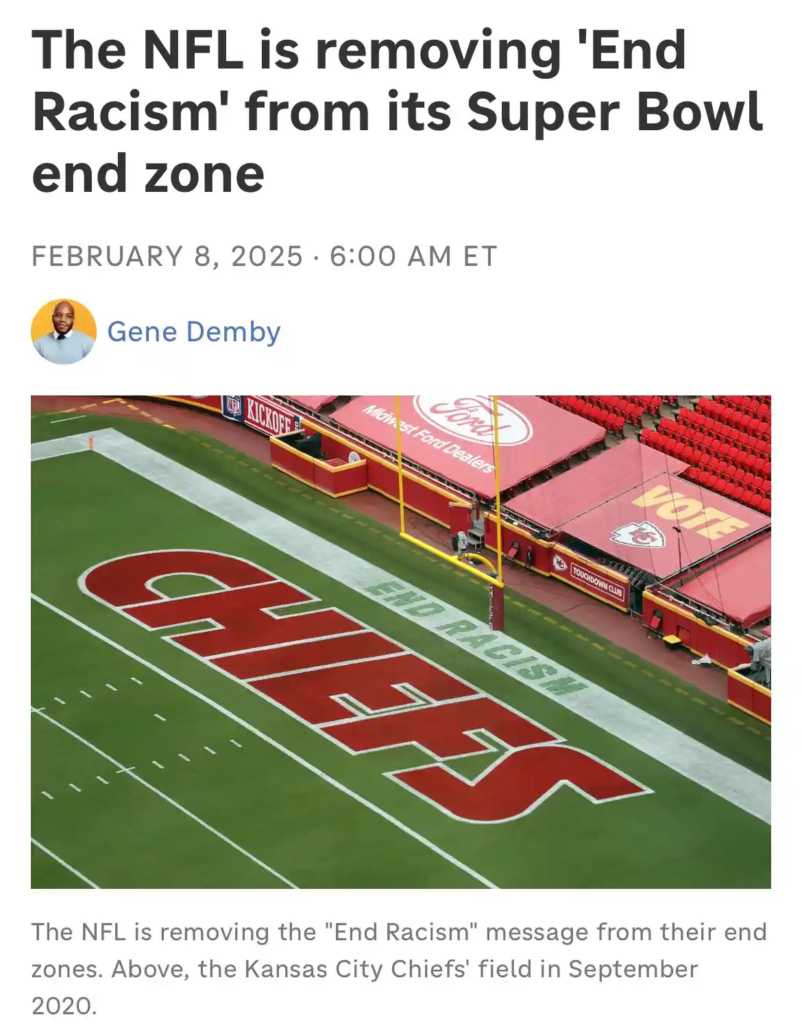 An aerial photo of a football field shows the word 'CHIEFS' in large red letters on the green turf, with the phrase 'END…
