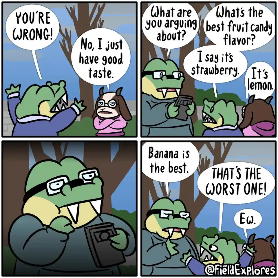 A four-panel comic strip featuring cartoon crocodiles and a dog-like character arguing about fruit candy flavors. One…