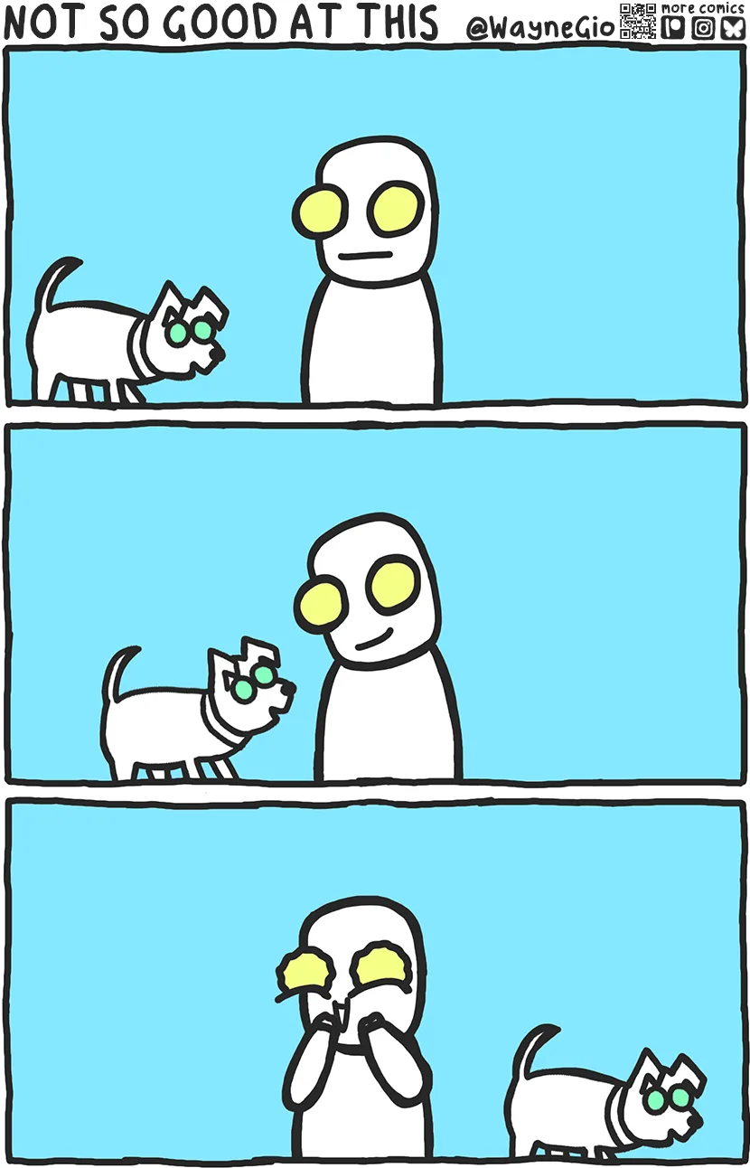 A three-panel comic shows a white dog with green eyes approaching a white humanoid figure with large yellow eyes. In the…