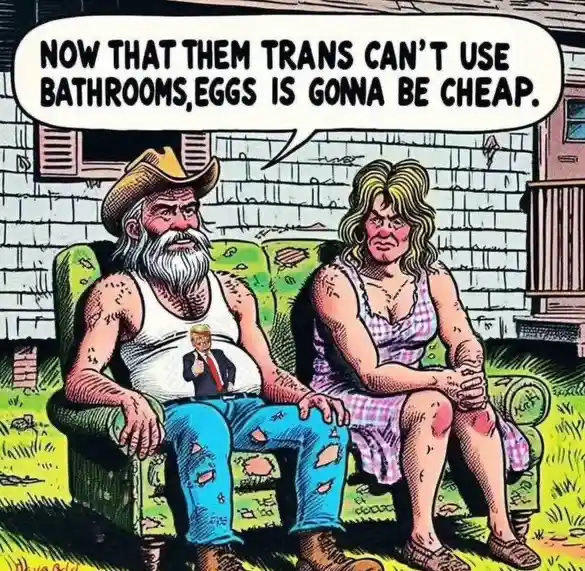 Two weathered, muscular individuals sit on a worn green couch outdoors, with a speech bubble above them reading 'NOW THAT…