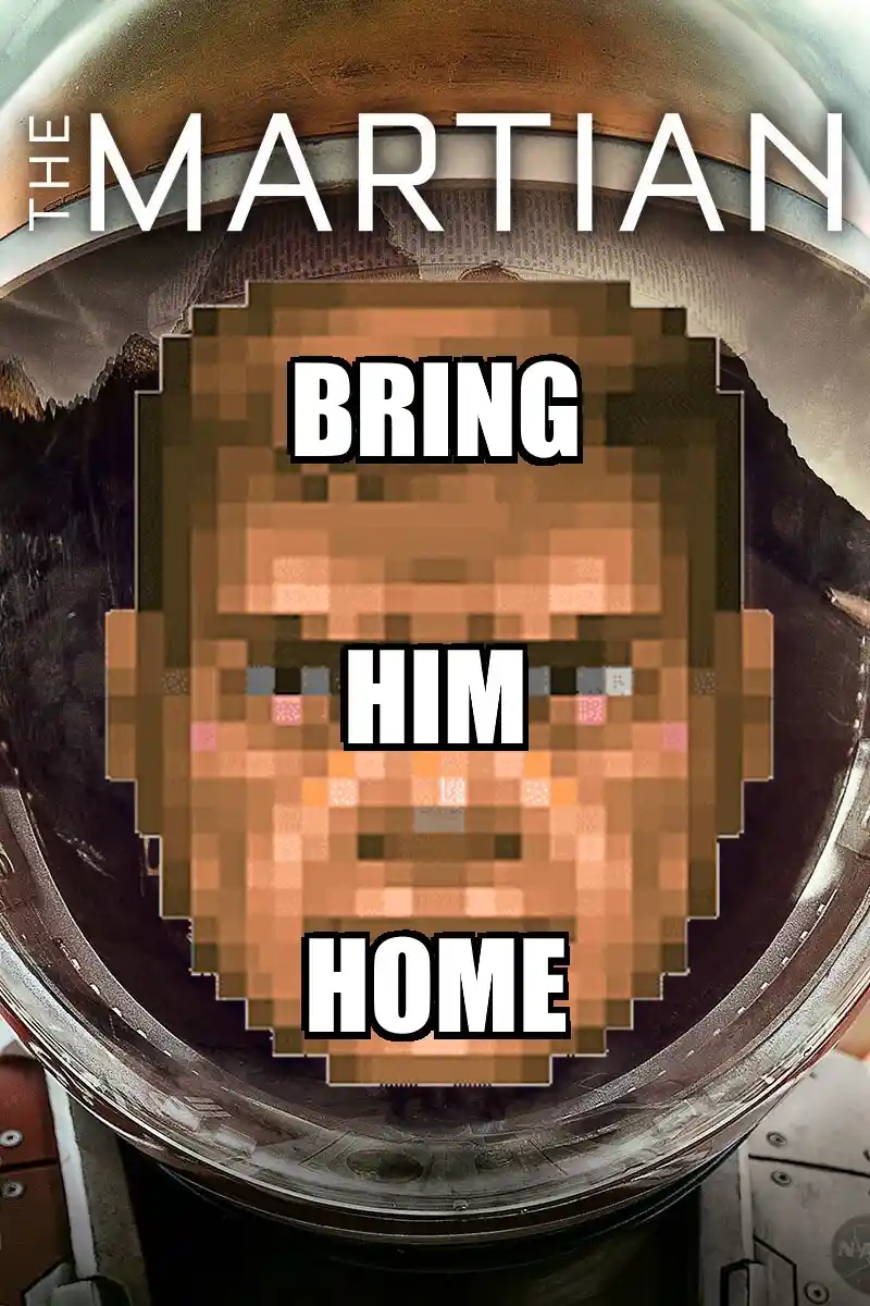 The image is a movie poster for 'The Martian' featuring an astronaut in a helmet, but the face inside is heavily pixelated…