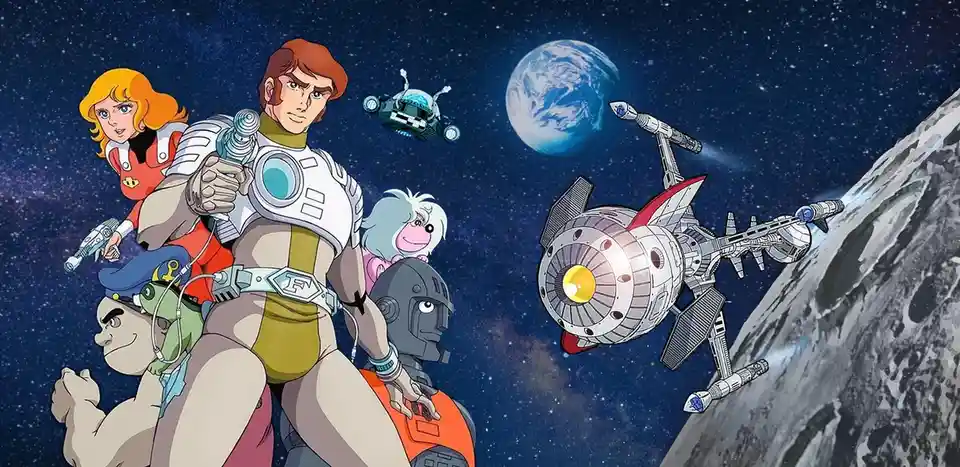 A vibrant anime-style space scene features a group of characters, including a central male hero in a white and yellow suit…
