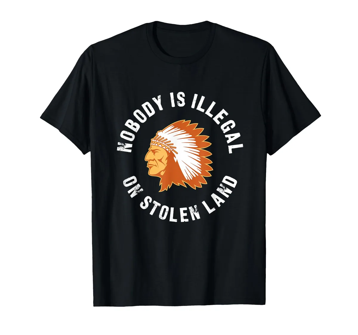A black t-shirt displays a stylized orange and white profile of a Native American wearing a feathered headdress, encircled…