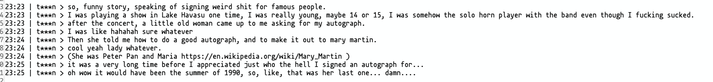 A screenshot of a Discord chat log where a user recounts signing an autograph for Mary Martin, a famous Broadway actress…