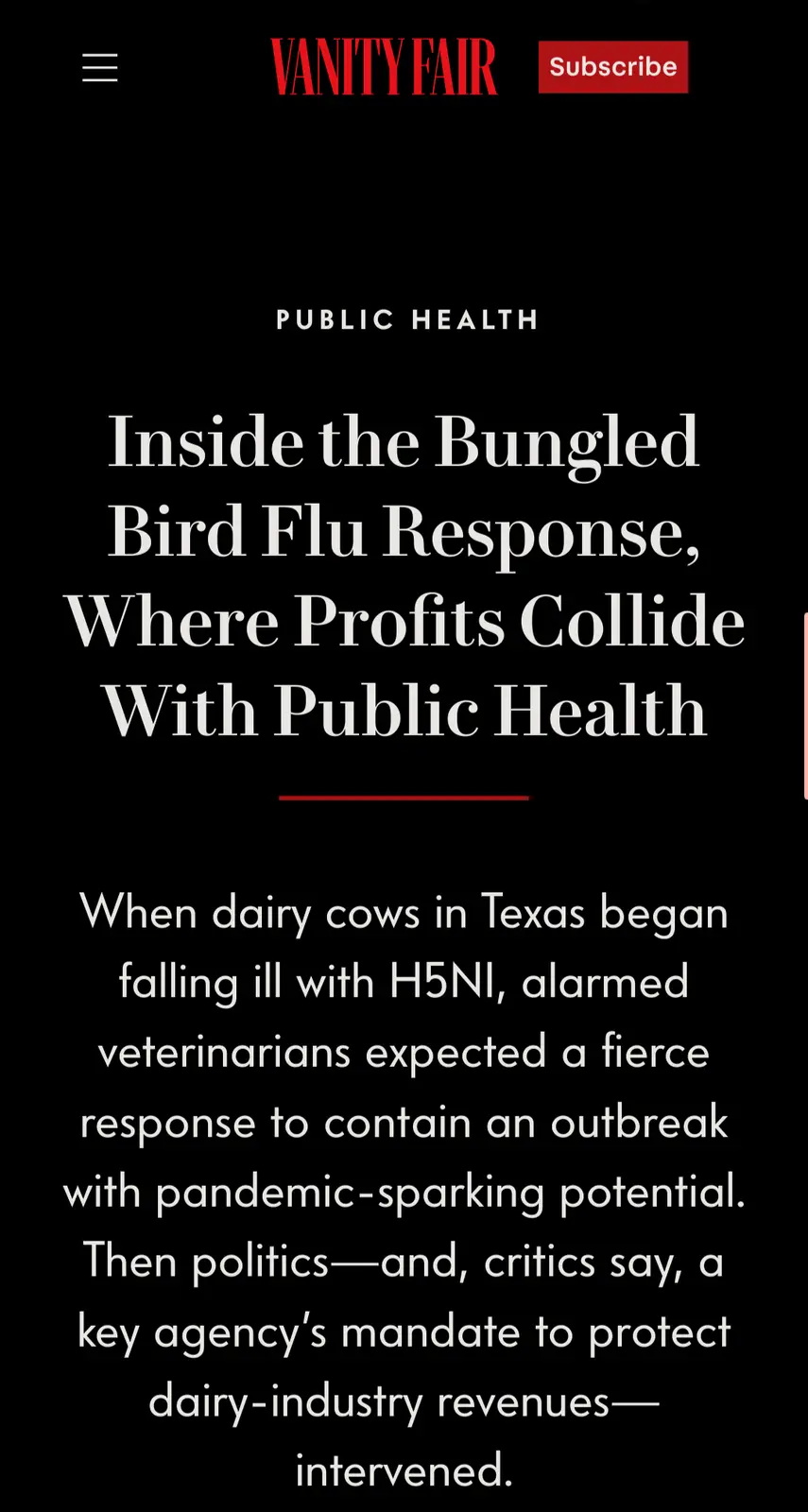 A screenshot of a Vanity Fair article titled 'Inside the Bungled Bird Flu Response, Where Profits Collide With Public…