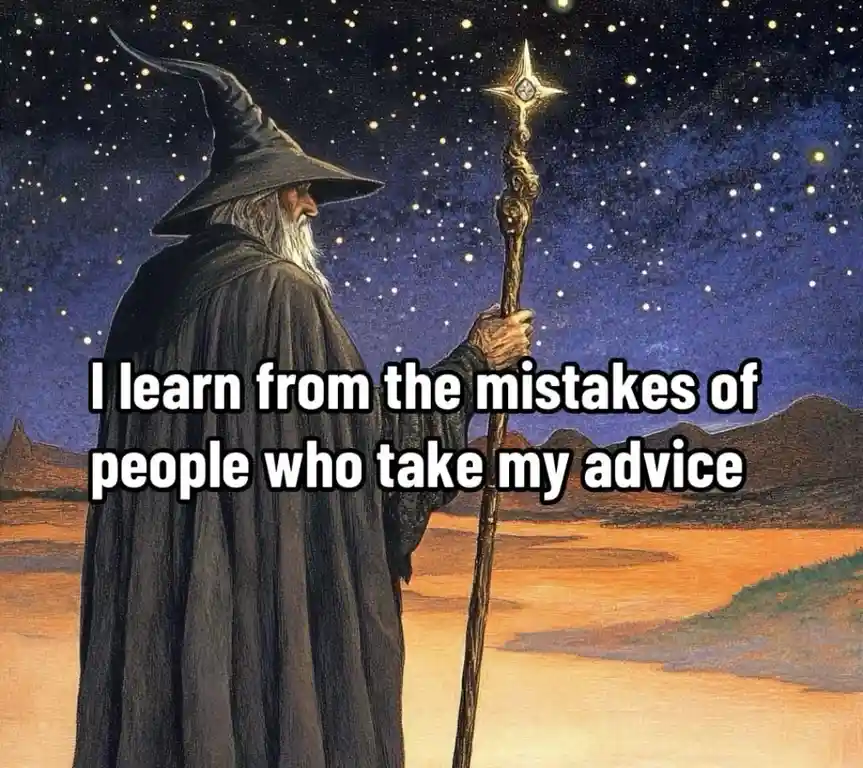 A wizard in a black robe and pointed hat stands in a desert under a starry night sky, holding a glowing staff. The text…