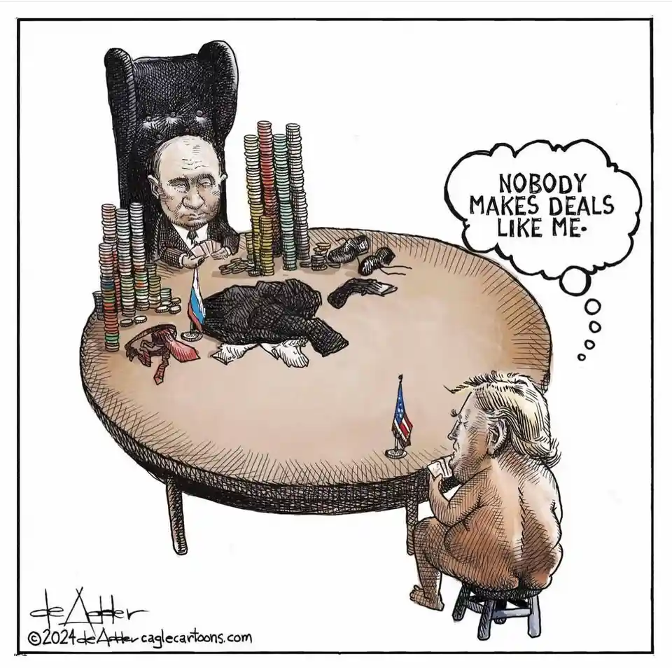 A cartoon depicts Vladimir Putin seated in a high-backed chair at a poker table, surrounded by towering stacks of poker…