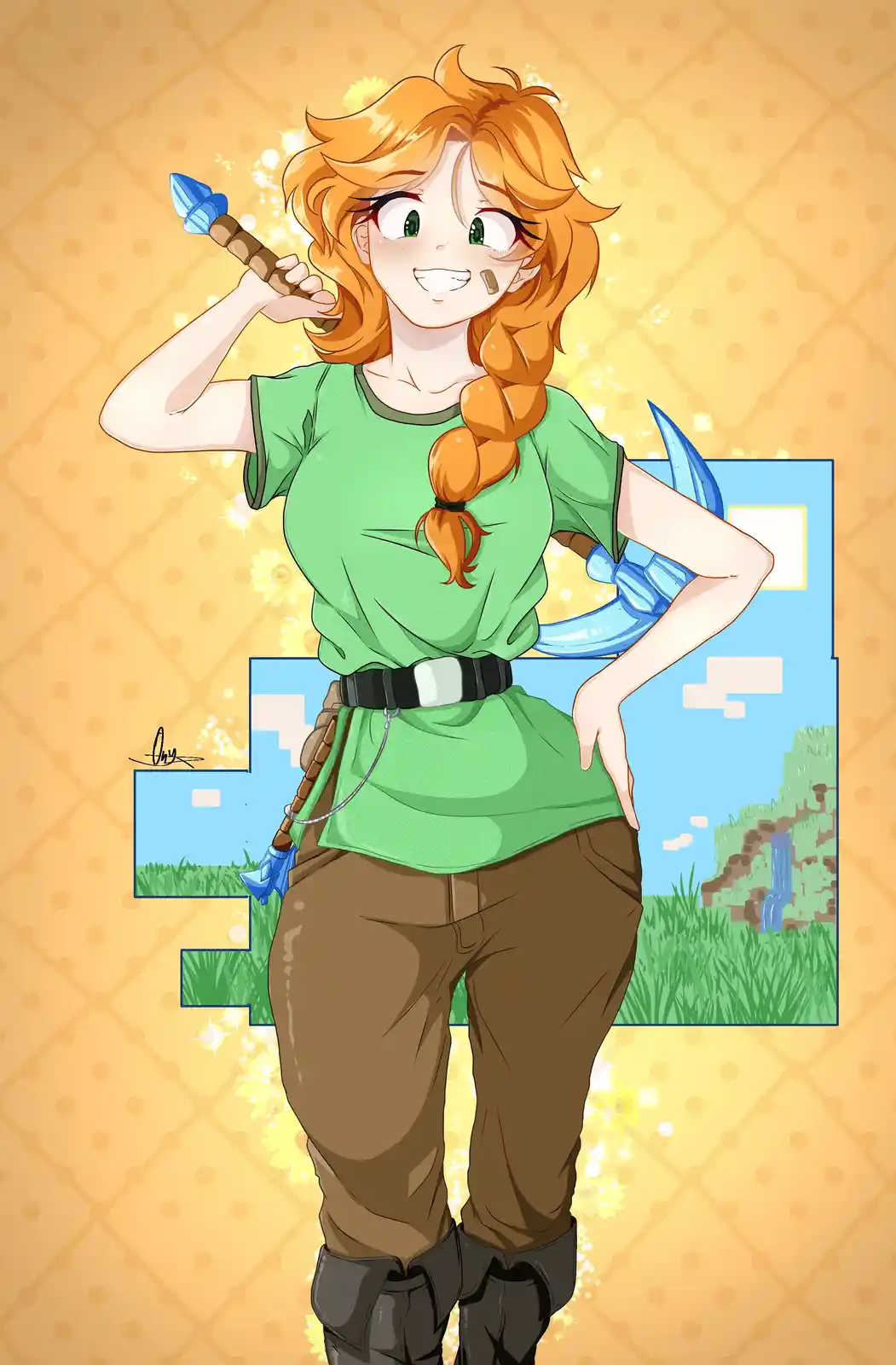 An anime-style illustration of a cheerful, orange-haired girl with green eyes, wearing a green shirt and brown pants…