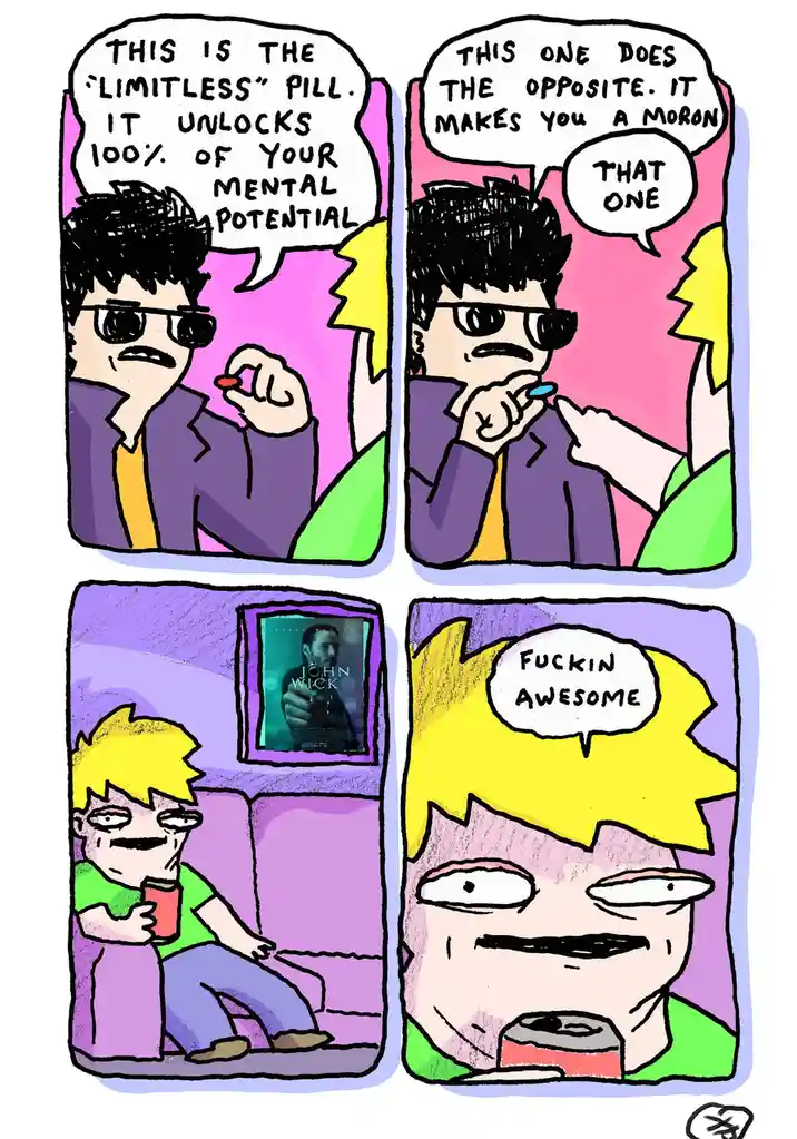 A four-panel comic shows a character offering two pills: one labeled 'limitless' to unlock mental potential, and the other…