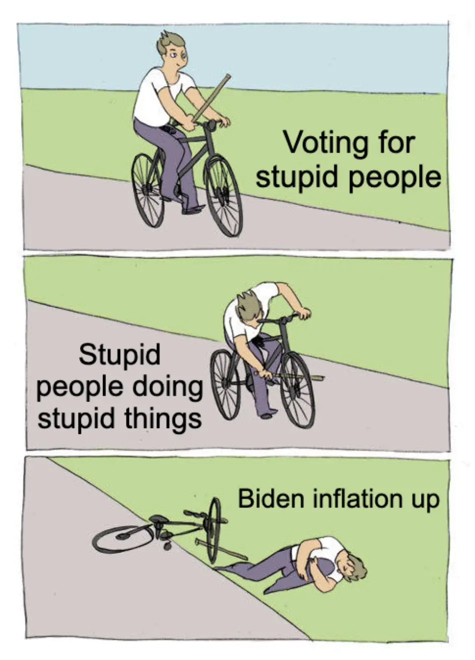 A three-panel comic strip shows a man riding a bicycle uphill. In the first panel, he rides normally with text 'Voting for…