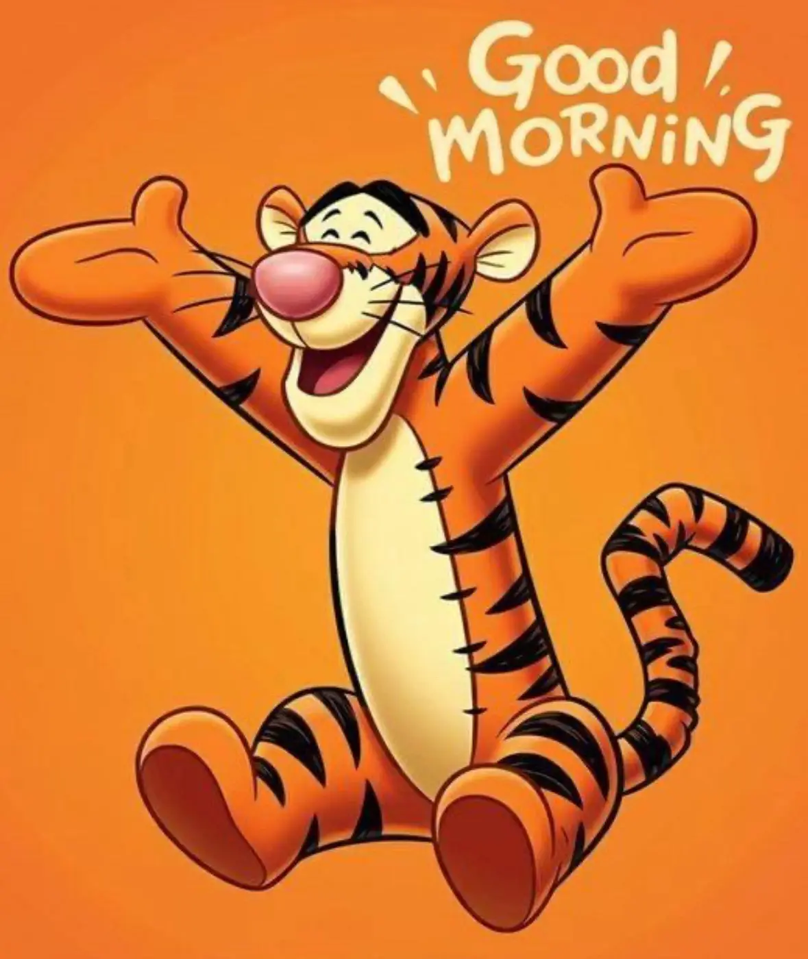 A cheerful cartoon tiger with orange fur and black stripes sits with arms and legs spread wide, smiling broadly against a…