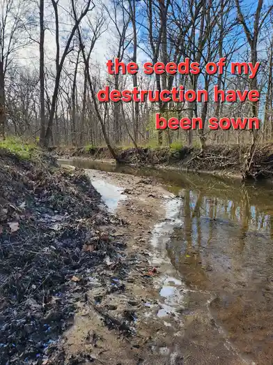 A photo of a muddy, partially frozen creek bed in a leafless forest with bare trees and patches of ice, overlaid with red…