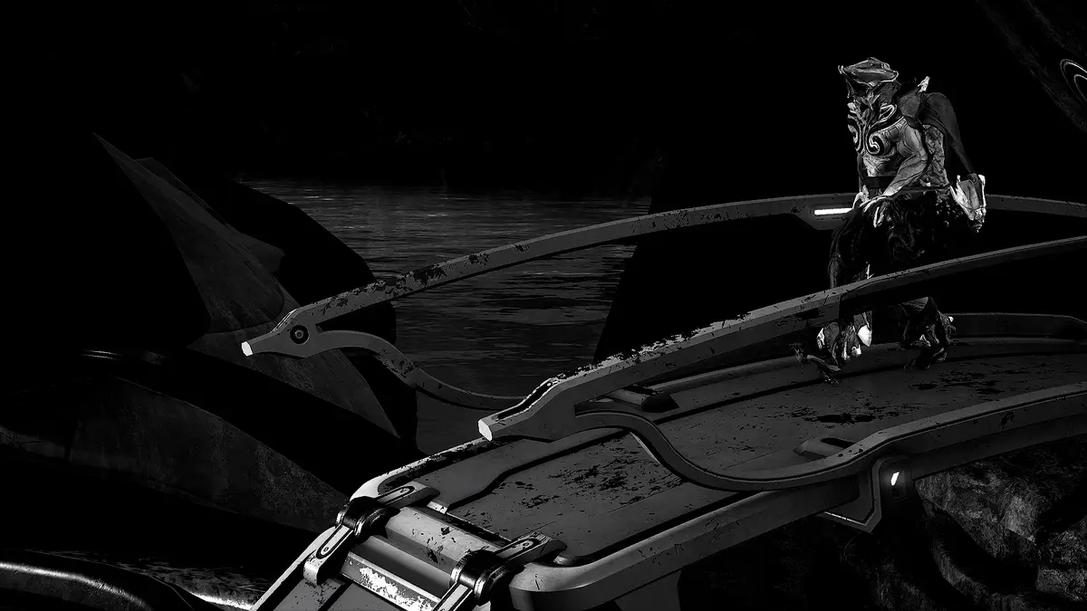 A grayscale image from a video game shows a heavily armored, alien-like character standing on a damaged, metallic platform…