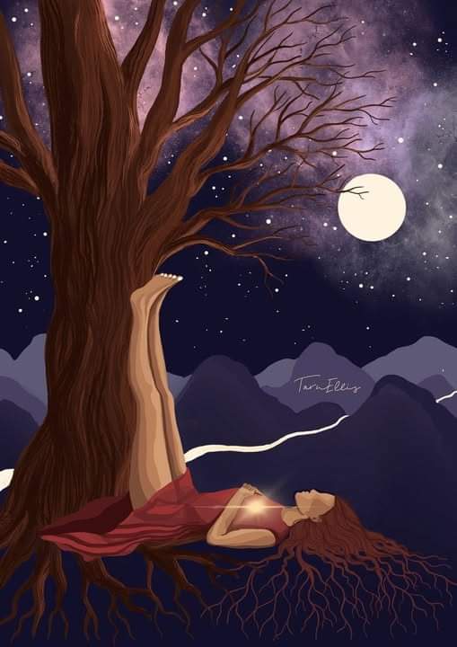 A woman with long brown hair lies on her back, seemingly asleep or meditating, with her legs extended upward and feet…