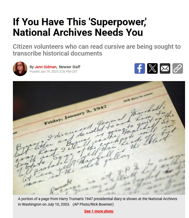 A newspaper article headline reads 'If You Have This 'Superpower,' National Archives Needs You,' above a photo of a…