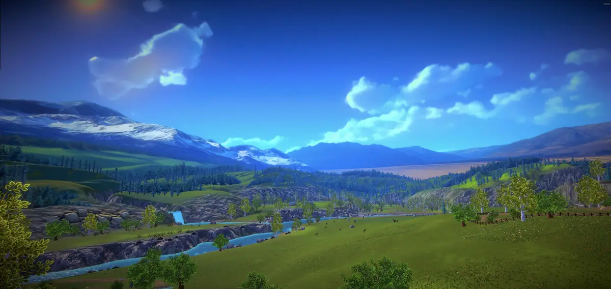 A vibrant, cartoon-style landscape featuring rolling green hills, a winding river, snow-capped mountains in the distance…