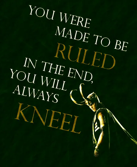 A dark green background features a stylized image of Loki from Marvel, looking down with his signature horns and cape…
