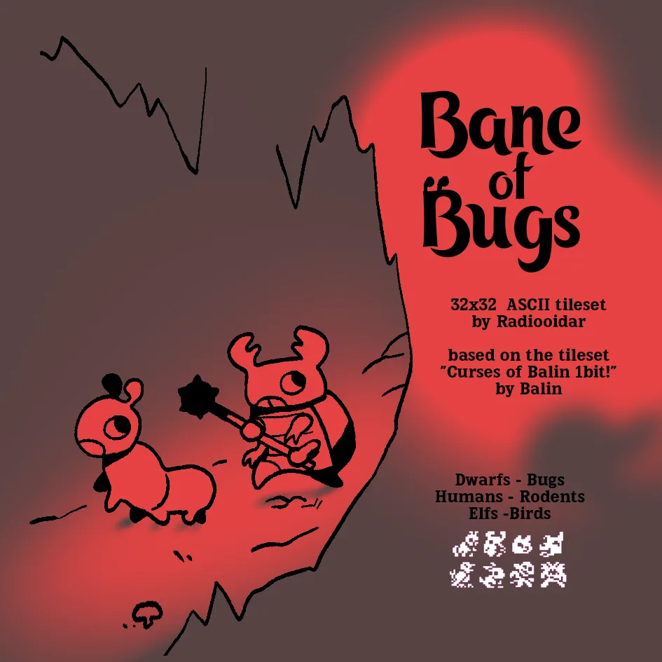 A red-tinted illustration shows two cartoonish, bug-like creatures in a rocky, cave-like setting. One creature holds a mace…